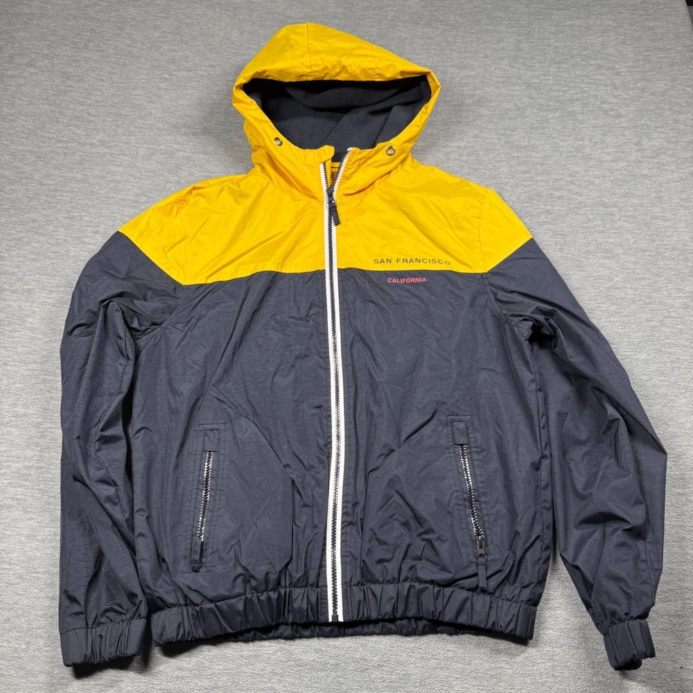San Francisco 1975 Jacket Mens M Yellow Blue Hooded Windbreaker Full Zip Sailing